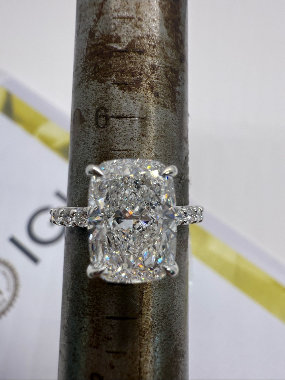 4.01 carat E VS1 cushion lab diamond pave band and hidden halo engagement ring